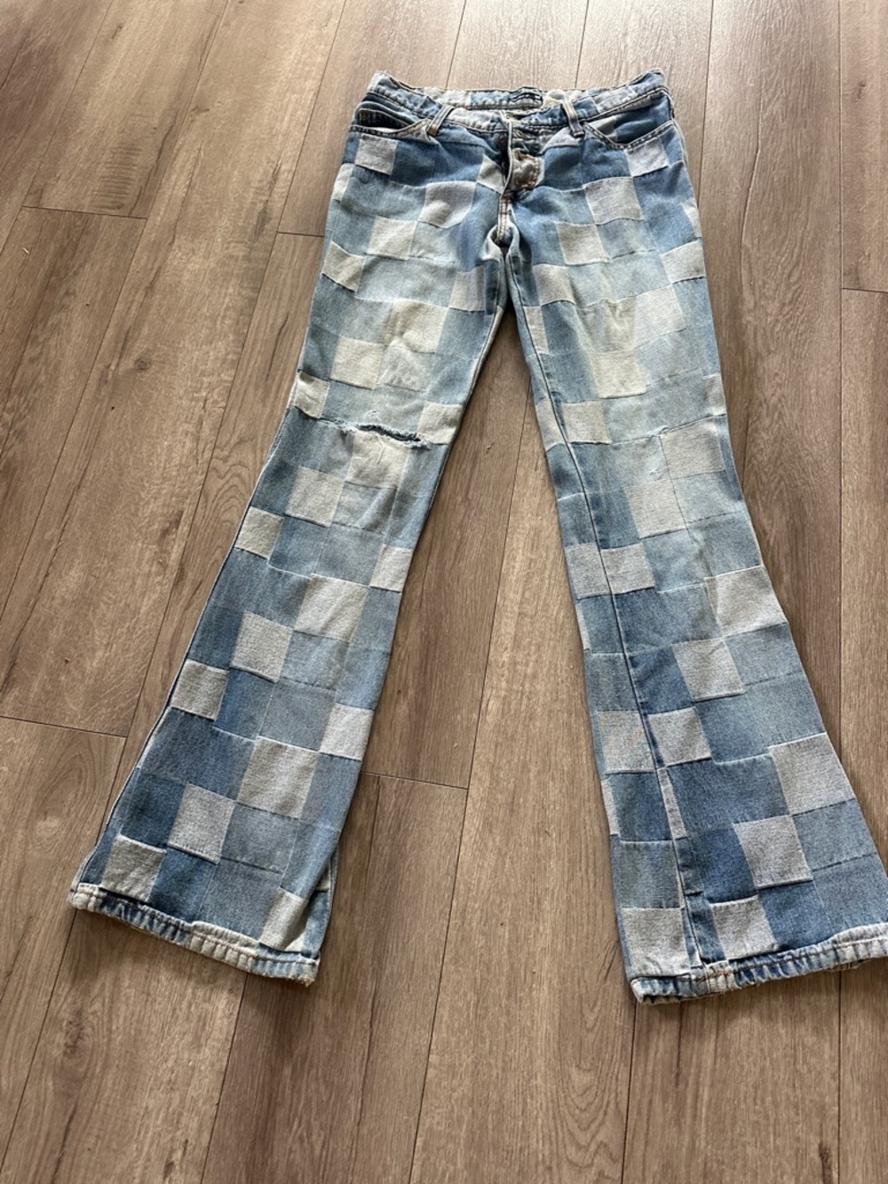 Frankie B. Two-Tone Blue Patchwork Flare Jeans